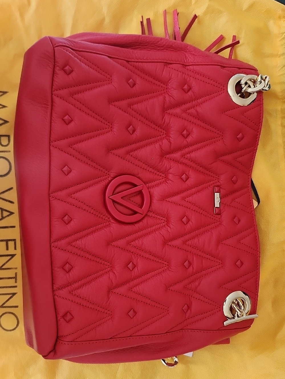 Mario Valentino Quilted Red Shoulder Bag with Gold Chain Accents